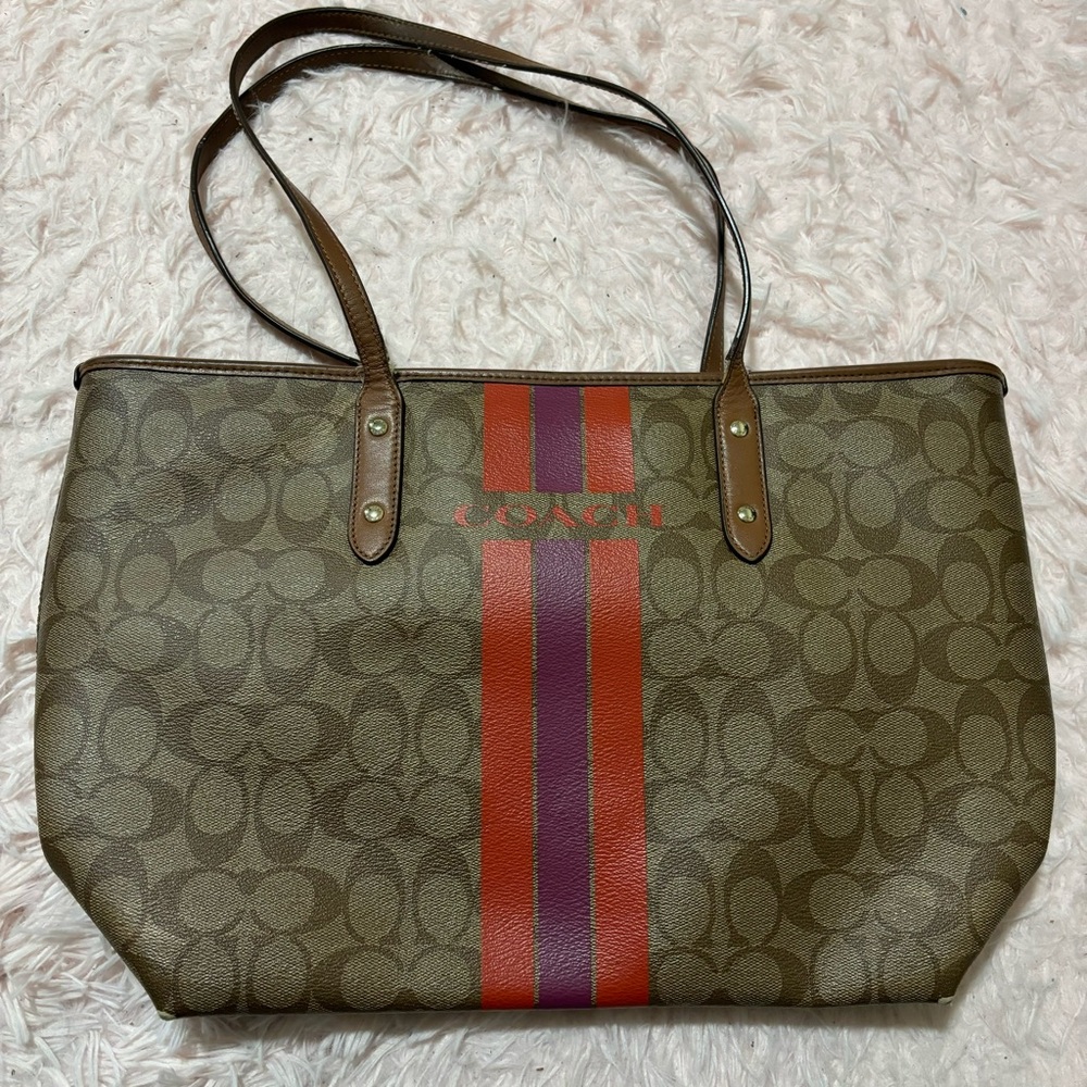Coach Tan and Red Stripe Tote Bag